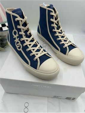 Men’s Jimmy Choo logo high top denim canvas sneakers size 44 NWT